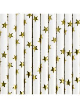 10 pajitas blancas con estrella doradas de papel para nochevieja - Happy New Year Collection