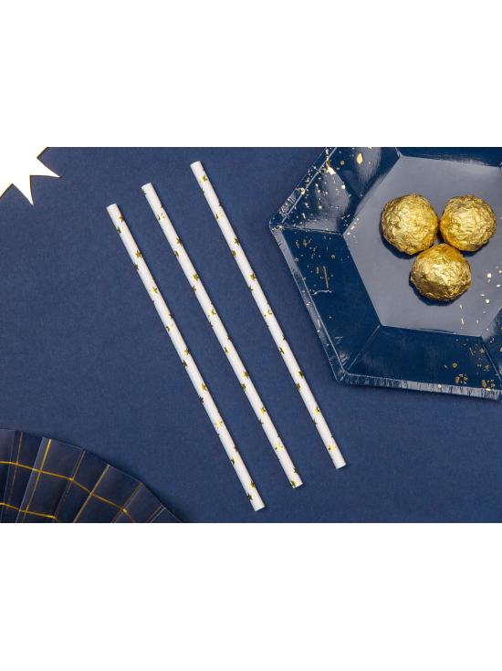 10 pajitas blancas con estrella doradas de papel para nochevieja - Happy New Year Collection