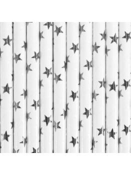 10 pajitas blancas con estrellas plateadas de papel