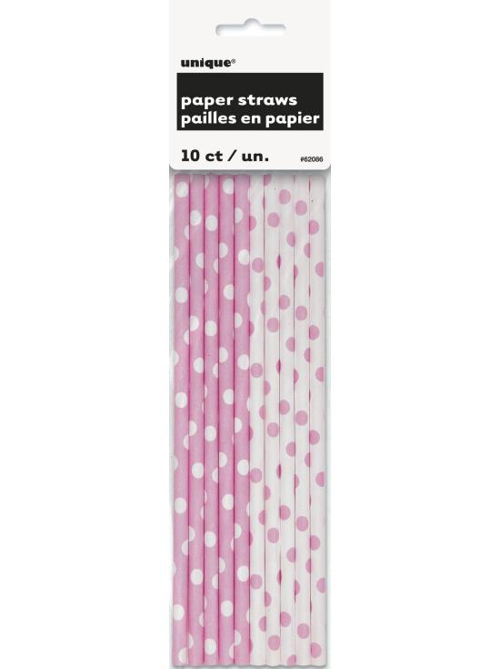 10 pajitas de topos rosa claro y blanco
