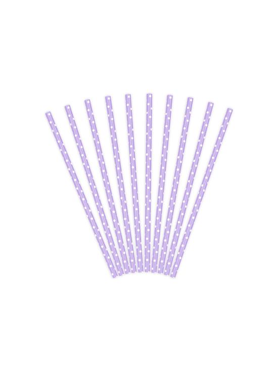 10 pajitas moradas con lunares blancos de papel