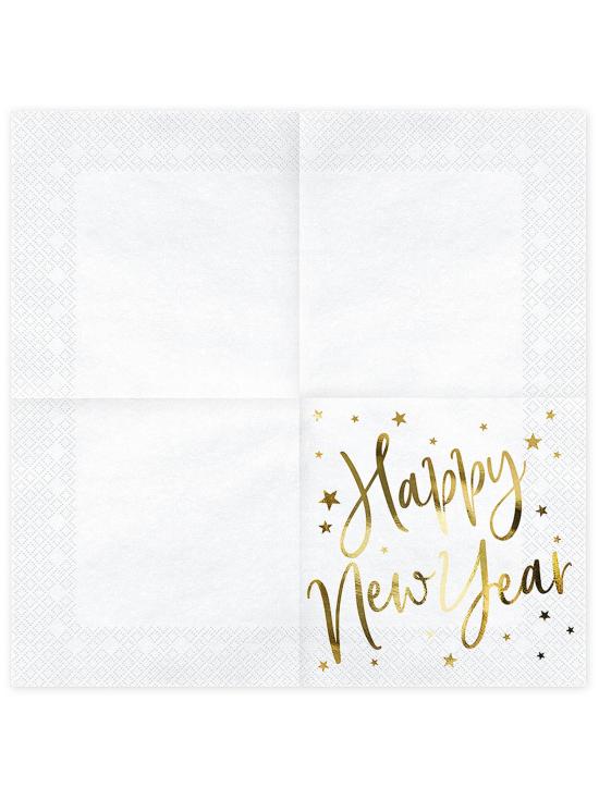20 servilletas Fin de Año Happy New Year blancas y doradas (33 x 33 cm) - Jolly New Year