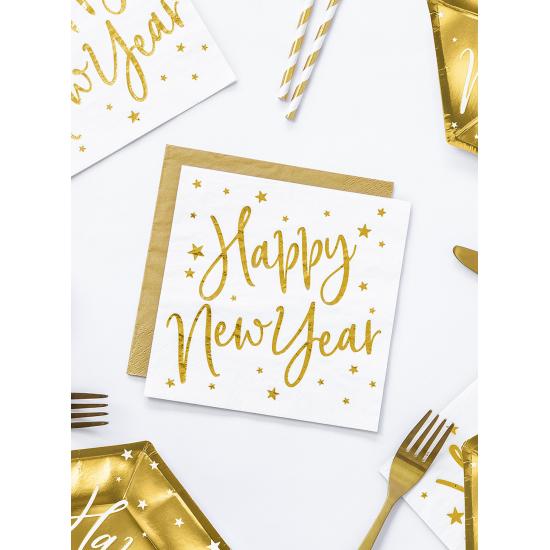 20 servilletas Fin de Año Happy New Year blancas y doradas (33 x 33 cm) - Jolly New Year