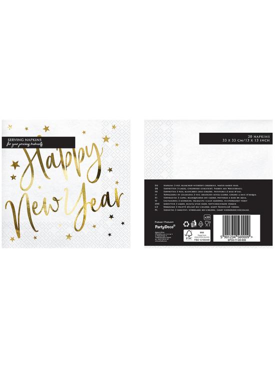 20 servilletas Fin de Año Happy New Year blancas y doradas (33 x 33 cm) - Jolly New Year