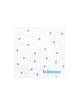 20 servilletas blancas con estrellas plateadas "1St Birthday" de pape (33x33 cm) - Blue 1st Birthday