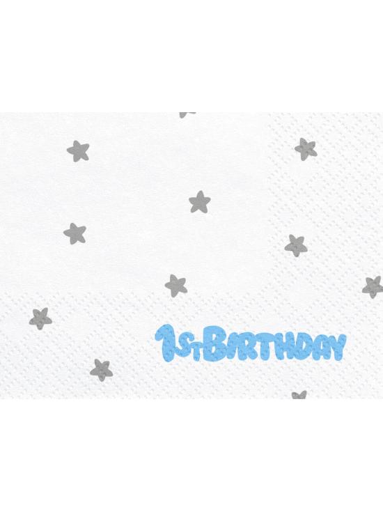 20 servilletas blancas con estrellas plateadas "1St Birthday" de pape (33x33 cm) - Blue 1st Birthday