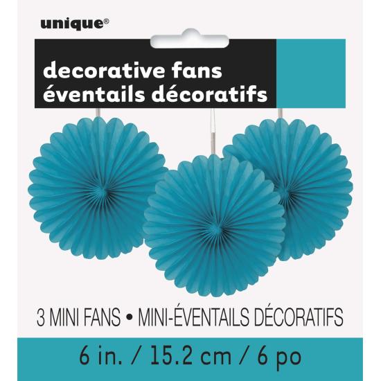 3 Abanicos de papel decorativos aguamarina (15,2 cm) - Línea Colores Básicos