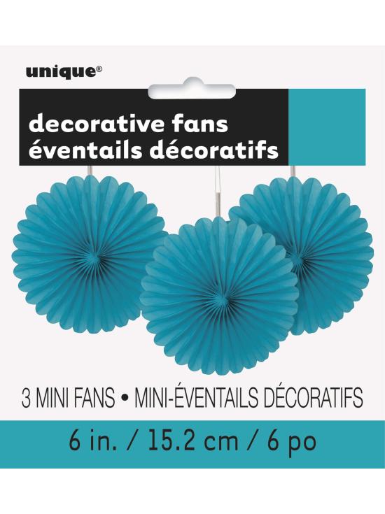3 Abanicos de papel decorativos aguamarina (15,2 cm) - Línea Colores Básicos