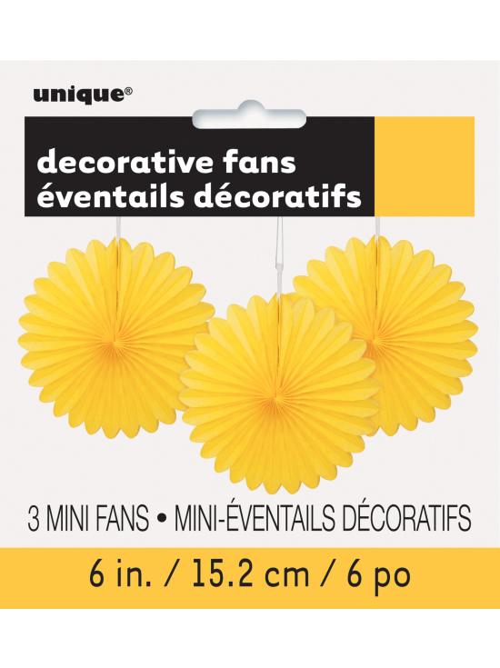 3 Abanicos de papel decorativos amarillos (15,2 cm) - Línea Colores Básicos