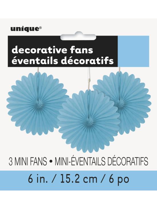 3 Abanicos de papel decorativos azul cielo (15,2 cm) - Línea Colores Básicos