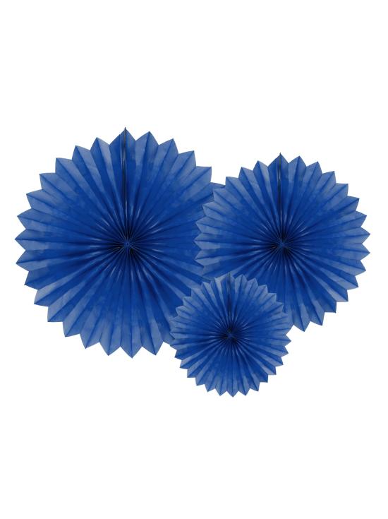 3 Abanicos de papel decorativos azul oscuro (20-30-40 cm)