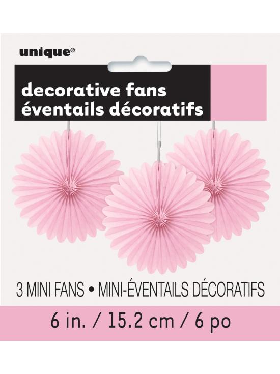 3 Abanicos de papel decorativos rosa claro (15,2 cm) - Línea Colores Básicos