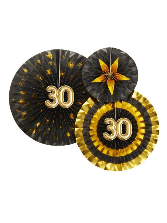 3 Abanicos de papel decorativos variados "30" (21-26-30 cm) - Glitz & Glamour Black & Gold