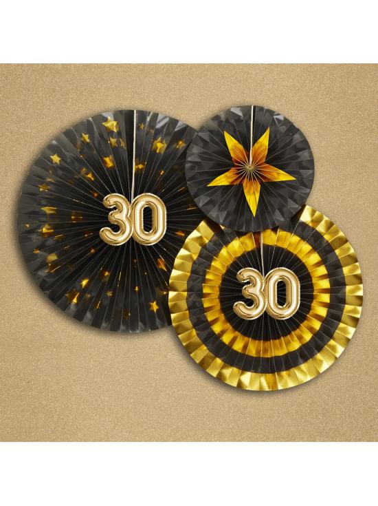 3 Abanicos de papel decorativos variados "30" (21-26-30 cm) - Glitz & Glamour Black & Gold