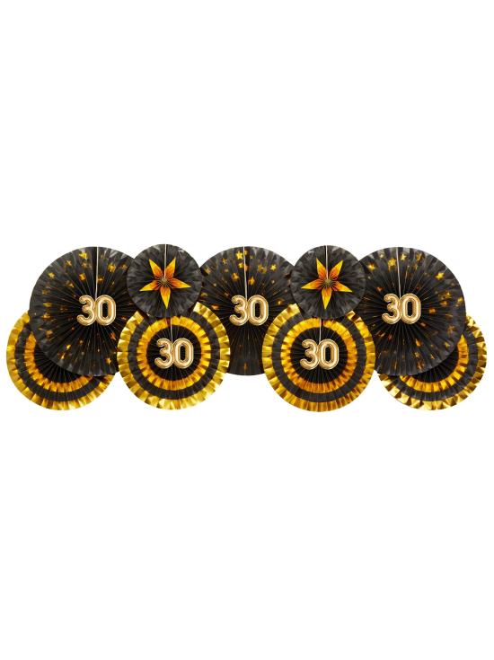 3 Abanicos de papel decorativos variados "30" (21-26-30 cm) - Glitz & Glamour Black & Gold