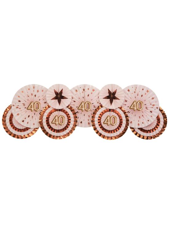 3 Abanicos de papel decorativos variados "40" (21-26-30 cm) - Glitz & Glamour Pink & Rose Gold