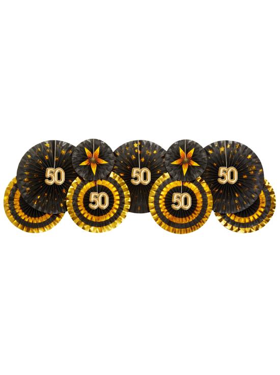 3 Abanicos de papel decorativos variados "50" (21-26-30 cm) - Glitz & Glamour Black & Gold