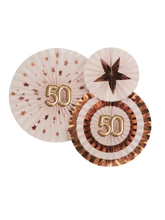 3 Abanicos de papel decorativos variados "50" (21-26-30 cm) - Glitz & Glamour Pink & Rose Gold