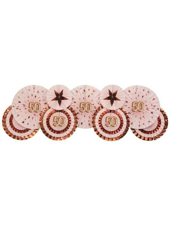 3 Abanicos de papel decorativos variados "50" (21-26-30 cm) - Glitz & Glamour Pink & Rose Gold