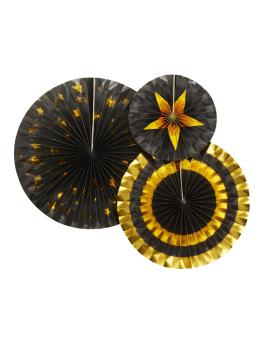 3 Abanicos de papel decorativos variados de papel (21-26-30 cm) - Glitz & Glamour Black & Gold