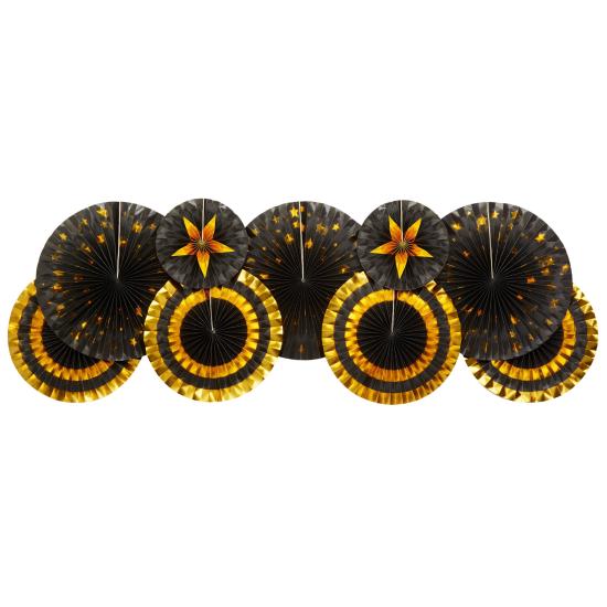 3 Abanicos de papel decorativos variados de papel (21-26-30 cm) - Glitz & Glamour Black & Gold