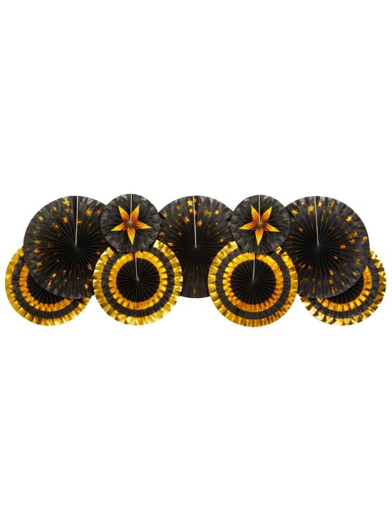 3 Abanicos de papel decorativos variados de papel (21-26-30 cm) - Glitz & Glamour Black & Gold