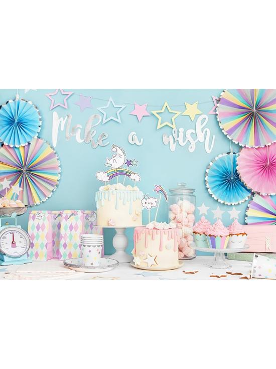 3 Abanicos de papel decorativos variados en tonos pastel y borde plateado (21-25-30 cm) - Unicorn