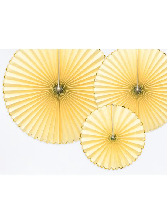3 abanicos de papel decorativos amarillos con borde dorado - Yummy