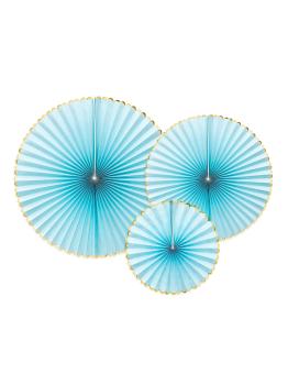 3 abanicos de papel decorativos azul cielo con borde dorado - Yummy