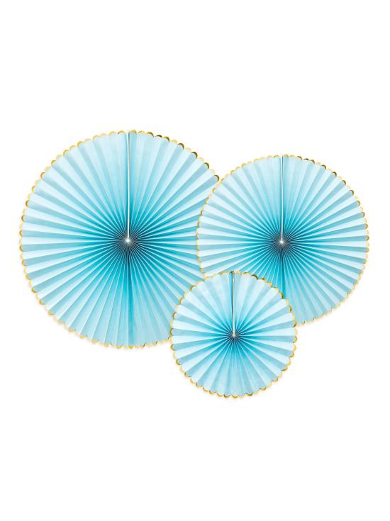 3 abanicos de papel decorativos azul cielo con borde dorado - Yummy