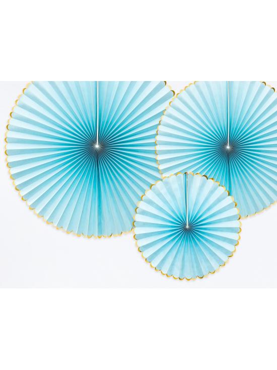 3 abanicos de papel decorativos azul cielo con borde dorado - Yummy