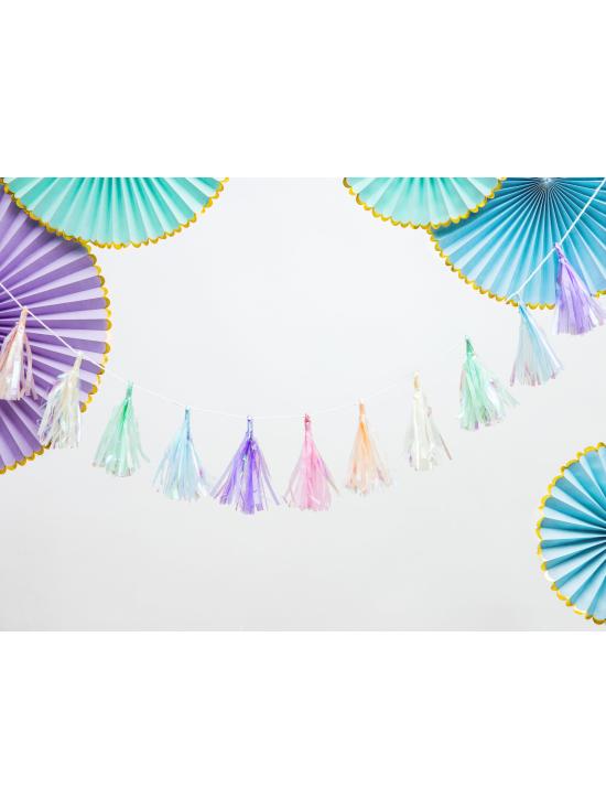 3 abanicos de papel decorativos azul cielo con borde dorado - Yummy