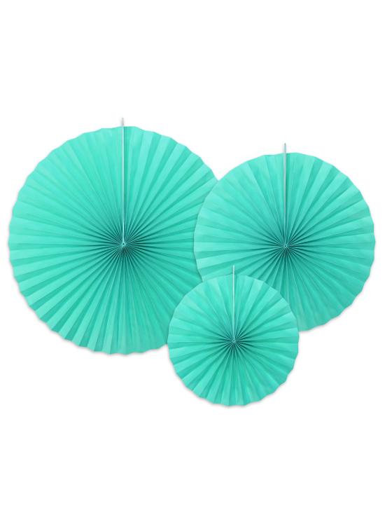 3 abanicos de papel decorativos azul turquesa