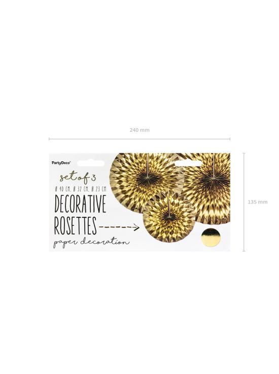 3 abanicos de papel decorativos dorados