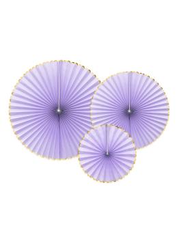 3 abanicos de papel decorativos lilas con borde dorado - Yummy