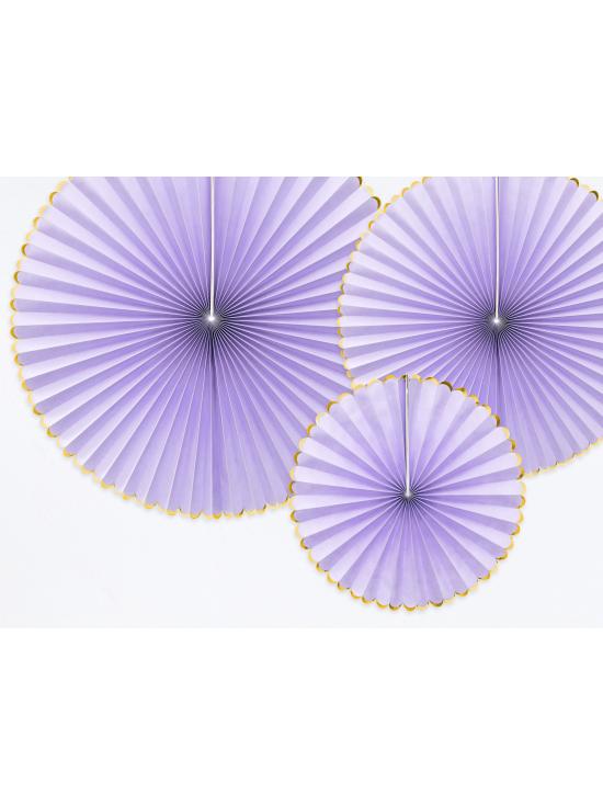3 abanicos de papel decorativos lilas con borde dorado - Yummy
