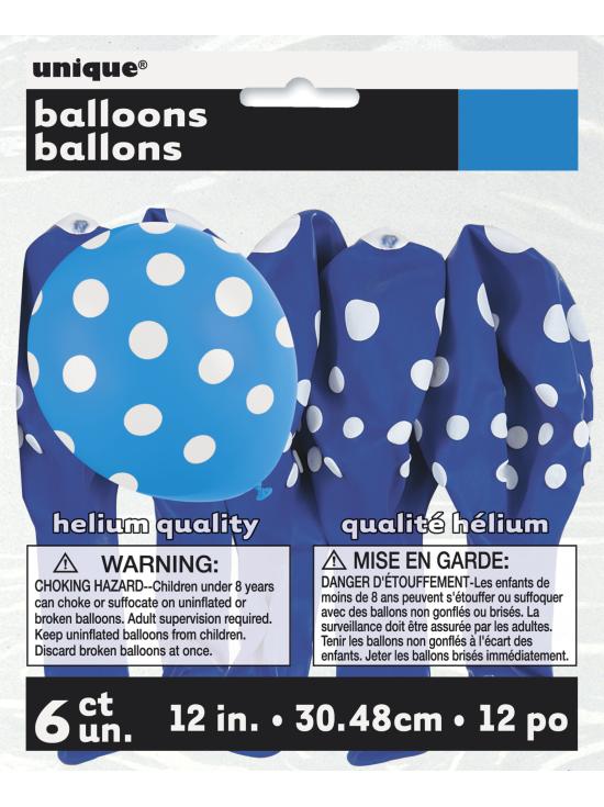 6 globos azul oscuro con topos blancos (30 cm)