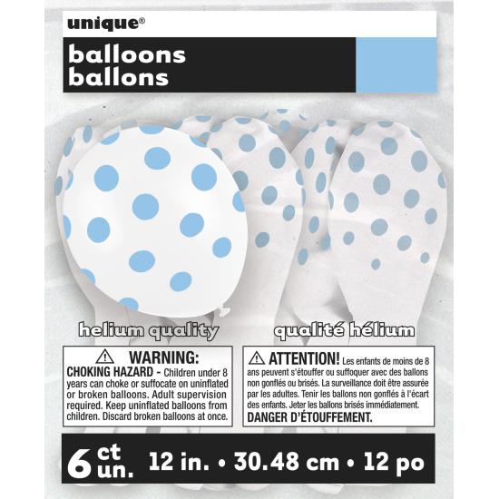 6 globos blancos con topos azules (30 cm)
