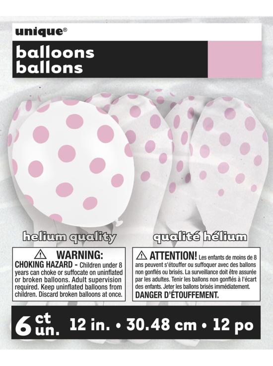 6 globos blancos con topos rosas (30 cm)
