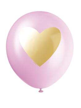 6 globos de látex surtidos de colores blanco, rosa claro y rosa intenso con corazón dorado (30 cm)