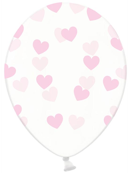 6 globos de látex transparentes con corazones rosa claro (30 cm) - Valentine Collection