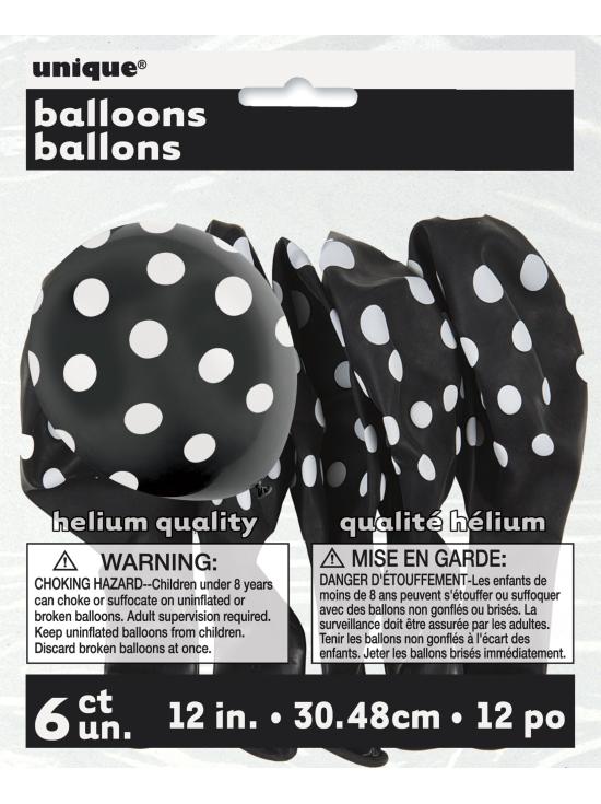 6 globos negros con topos blancos (30 cm)