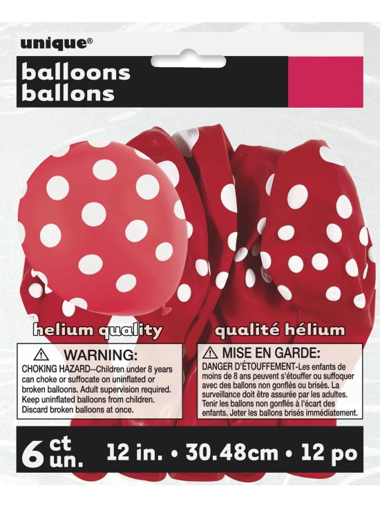 6 globos rojos con topos blancos (30 cm)
