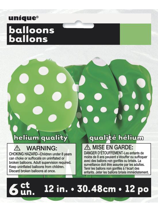 6 globos verde lima con topos blancos (30 cm)