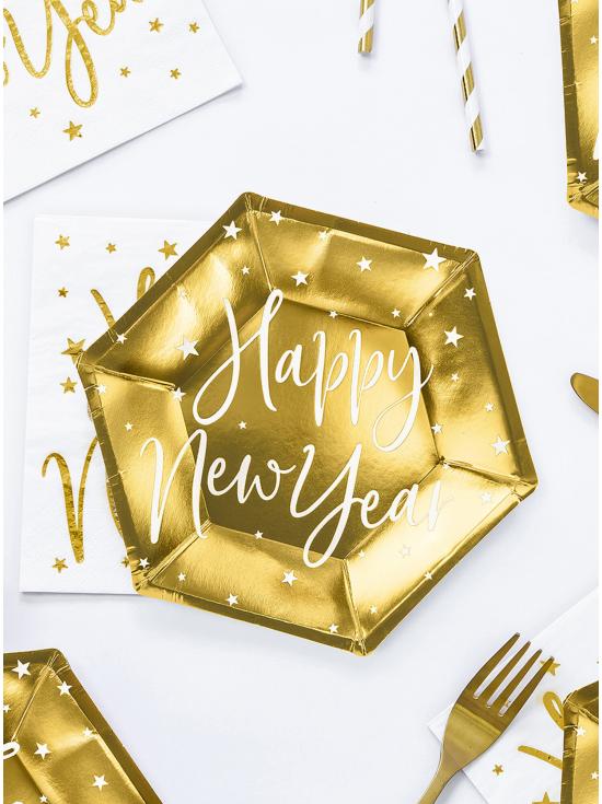 6 platos Fin de Año Happy New Year dorados (20 cm) - Jolly New Year