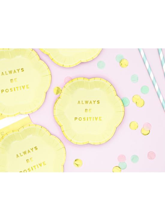 6 platos amarillo pastel con borde dorado "Always be positive" de papel (13 cm) - Yummy