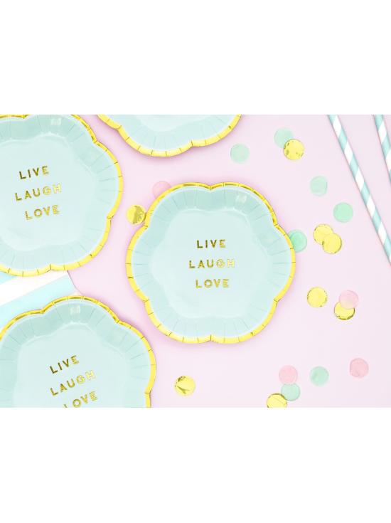 6 platos azules pastel con borde dorado "Live, Laugh, Love" de papel (13 cm) - Yummy