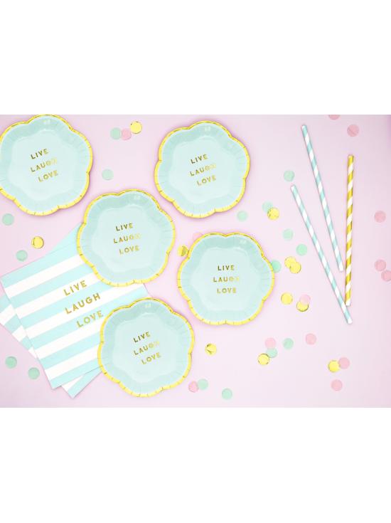 6 platos azules pastel con borde dorado "Live, Laugh, Love" de papel (13 cm) - Yummy