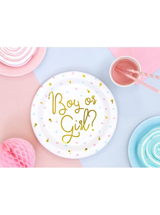 6 platos blancos con inscripción dorada "Boy or Girl?" de papel (23 cm) - Gender Reveal Party