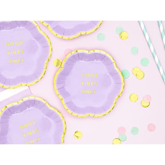 6 platos morados pastel con borde dorado "Good vibes only" de papel (13 cm) - Yummy 6 platos morados pastel con borde dorado "Good vibes only" de papel (13 cm) - Yummy